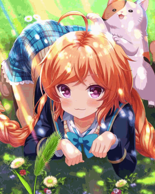 a girl in a school uniform is laying on the ground with a cat