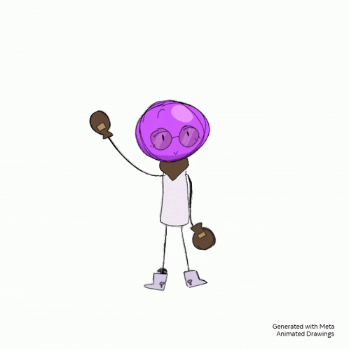 a cartoon character with a purple head , glasses , and gloves .