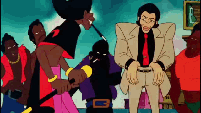 a group of cartoon characters are standing in front of a sign that says l on it