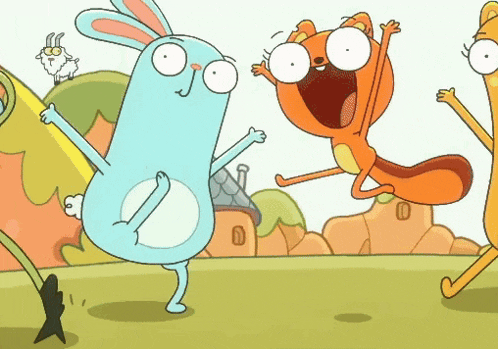 a group of cartoon animals are jumping in the air