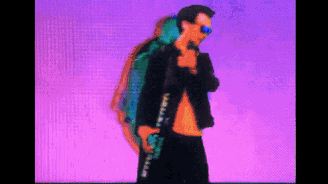 a man wearing sunglasses is standing in front of a purple background holding a gun