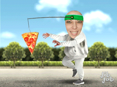 a cartoon of a person running with a slice of pizza on their head