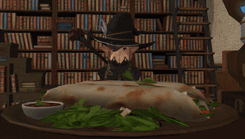 a girl in a witch hat is standing next to a giant burrito