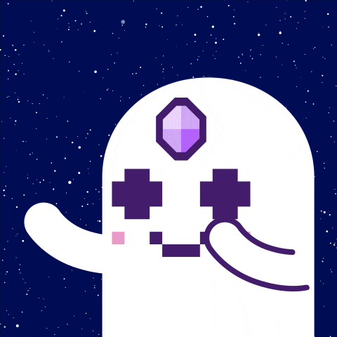 a cartoon drawing of a ghost with a purple jewel on its forehead