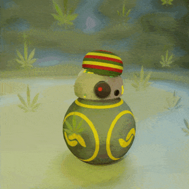 a robot wearing a rasta hat is surrounded by marijuana plants
