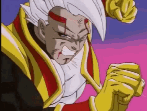 a cartoon character with white hair and yellow gloves is making a fist .