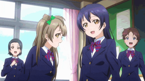 a group of anime girls are standing in a classroom and one of them has a green bow in her hair