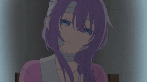 a girl with purple hair and bandages on her head is smiling