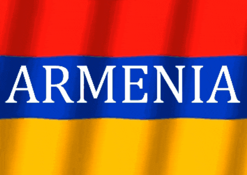 a red blue and yellow flag with the word armenia in white letters