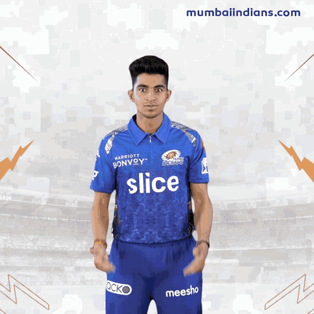 a young man wearing a blue shirt that says slice on it