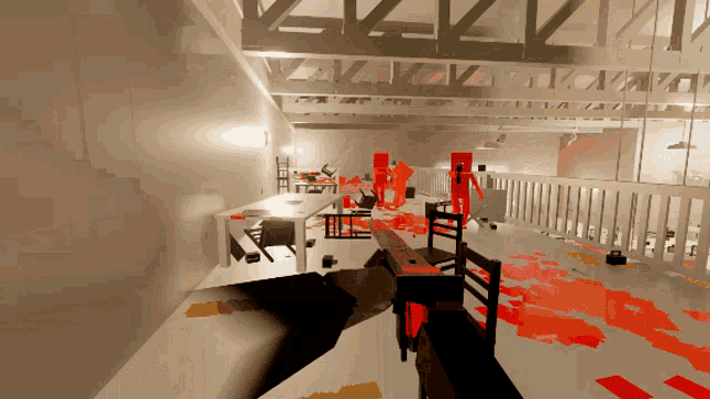 a computer generated image of a room with a table and chairs and a few red figures