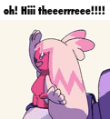 a pink and purple cartoon character with the words `` oh ! hi ! theeerree !!! ''
