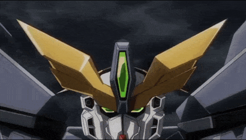 a close up of a robot with a green eye
