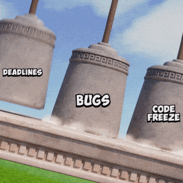 three concrete containers with bugs code freeze and deadlines written on them