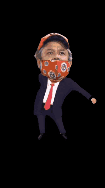 a man in a suit and tie wearing a mask and a hat