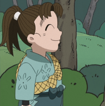 a cartoon character with a ponytail and a flower on his shirt