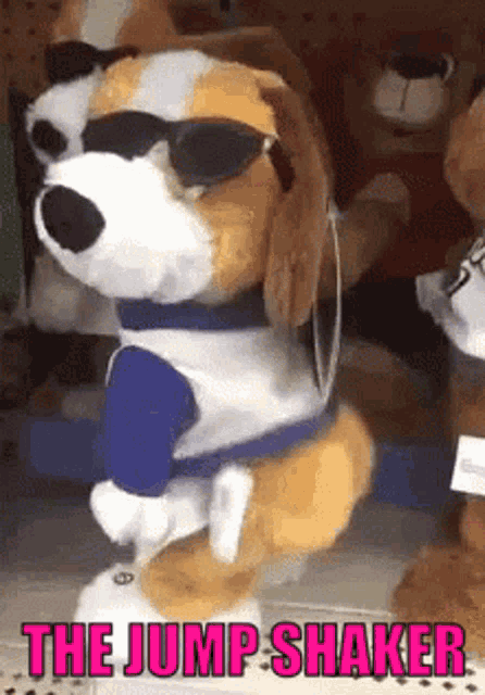 a stuffed dog wearing sunglasses and a blue shirt with the words the jump shaker below it