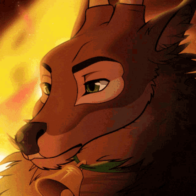 a cartoon drawing of a wolf with horns and green eyes