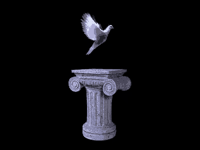 a white pigeon is flying over a stone pillar .