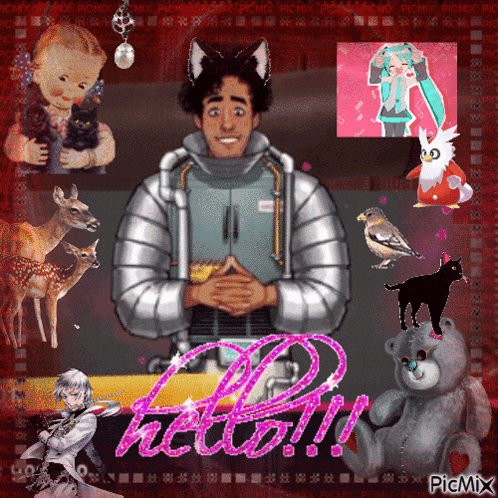 a picture of a man with a cat 's ears and the word hello on it