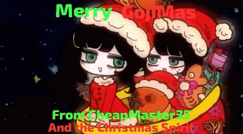 a cartoon of two girls wearing santa hats with the words merry christmas from cheap master35 and the christmas spirit .