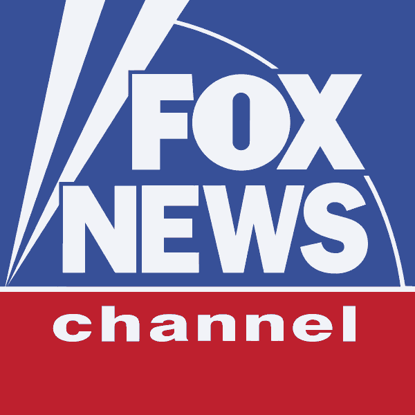 a fake news channel logo on a blue and red background