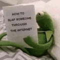 a kermit the frog is laying on a bed holding a sign that says `` how to slap someone through the internet '' .
