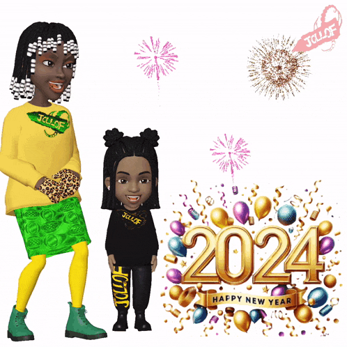 a new year 's greeting card with two cartoon characters