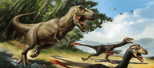 a painting of a t-rex jumping over a river with two other dinosaurs behind it