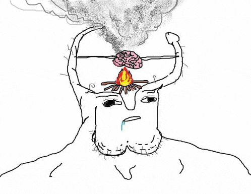a drawing of a man 's head with smoke coming out of it and a fire coming out of his brain .