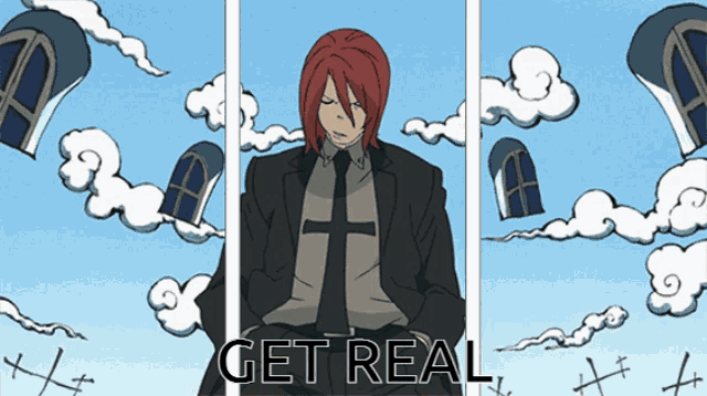 a cartoon of a man in a suit and tie with the words get real written below him