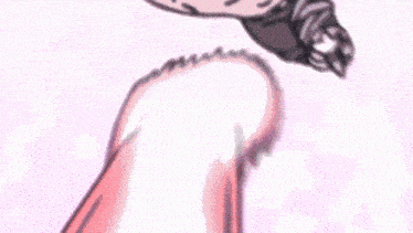 a cartoon drawing of a man flying through the air with a pink and purple background