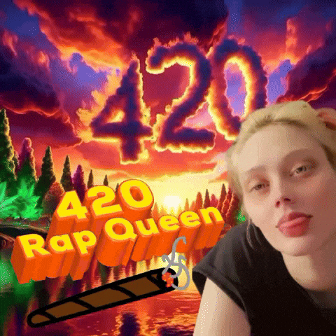 a woman stands in front of a colorful background with the words 420 rap queen written on it