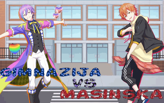 two anime characters are dancing in front of a building with the words ' gimnazija vs masinska ' written in red letters