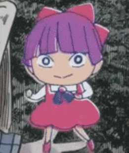 a little girl with purple hair and a pink bow on her head
