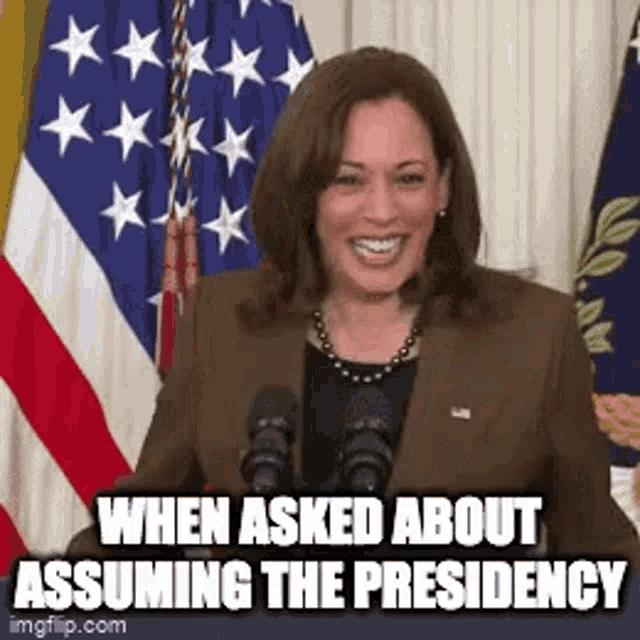 a woman is standing in front of a microphone with the words `` when asked about assuming the presidency '' .