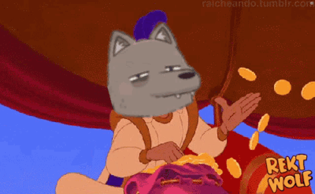 a cartoon of a wolf holding a bag of gold coins with the words rekt wolf on the bottom