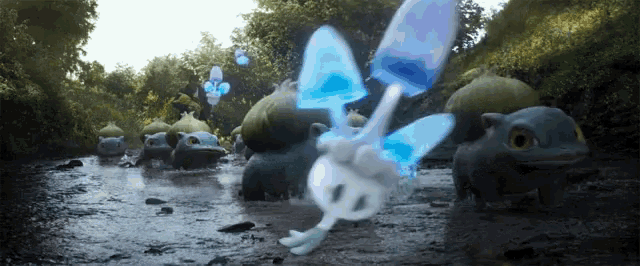 a group of pokemon are walking through a river