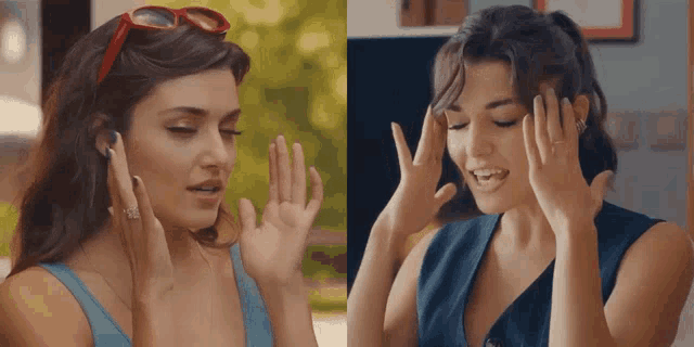 a woman wearing sunglasses and a blue top is making a funny face