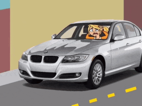 a silver bmw with a girl in the driver 's seat looking scared