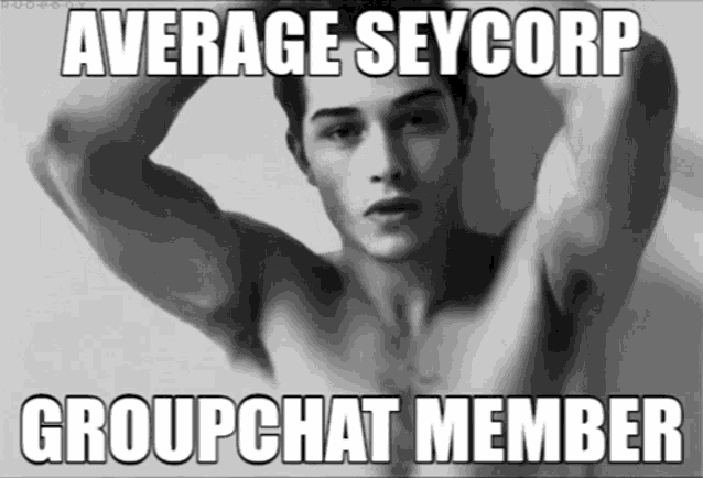 a picture of a shirtless man with the words average seycorp groupchat member above him