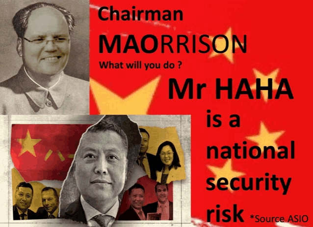 a poster that says ' chairman maorrison what will you do ? mr haha is a national security '