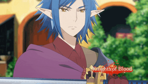 a blue haired anime character is holding a sword with the words knights of blood written below him