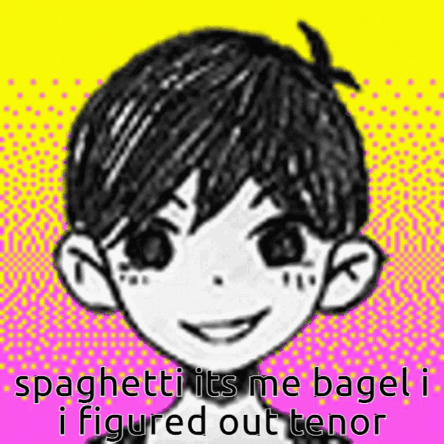 a drawing of a boy with the words " spaghetti it 's me bagel i figured out tenor "