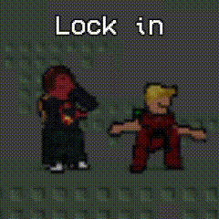 a pixel art of a man and woman with the words lock in above them
