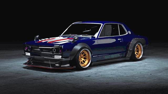 a blue car with a red white and blue stripe on it