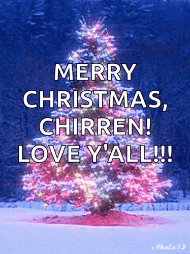 a merry christmas greeting card with a pink christmas tree