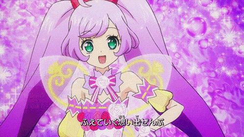 a girl with purple hair and green eyes is wearing a purple outfit