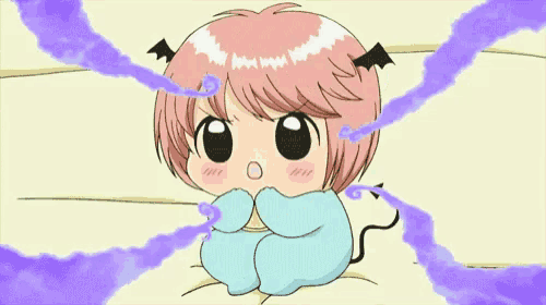 a cartoon of a baby with pink hair and purple smoke coming out of it 's mouth