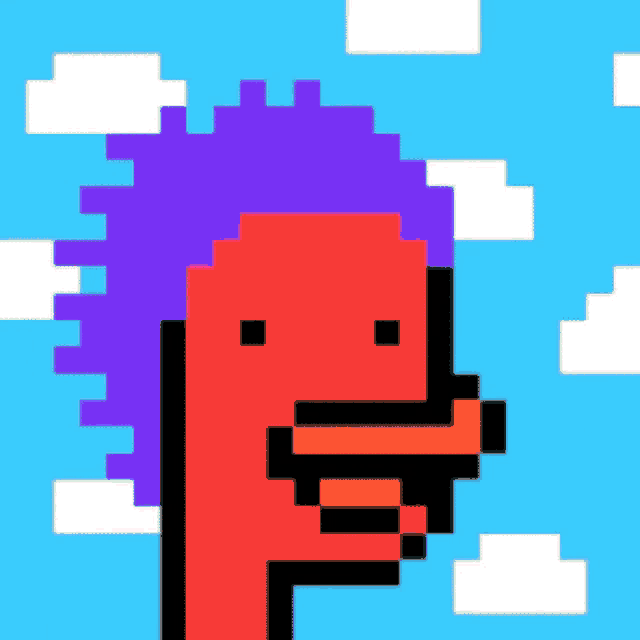 a pixel art drawing of a person with purple hair and a mohawk